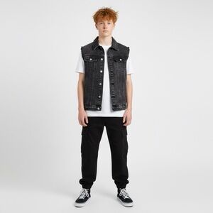 SHEIN Youth Boys Denim Trucker Vest Black Sleeveless Graphic Back 13-14Y